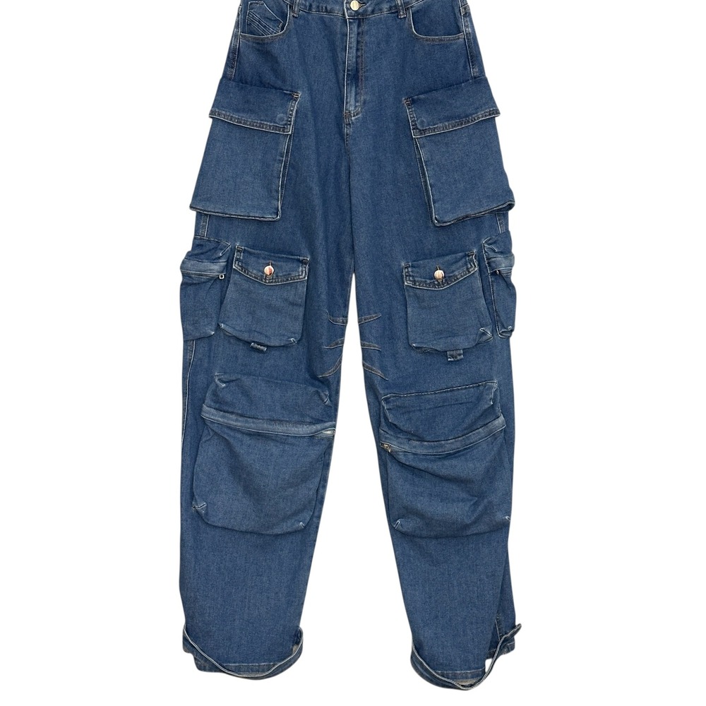 Hip Hop Womens Jumpsuit L Blue Denim Strapless‎ Cargo Pockets  Retro Streetwear - Picture 4 of 14